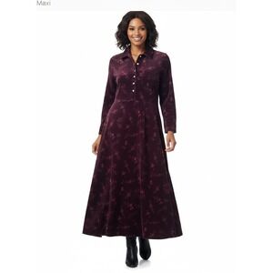 Burgundy Velvet Maxi Dress Floral Print Long Sleeve Shirt Dress Vintage Style